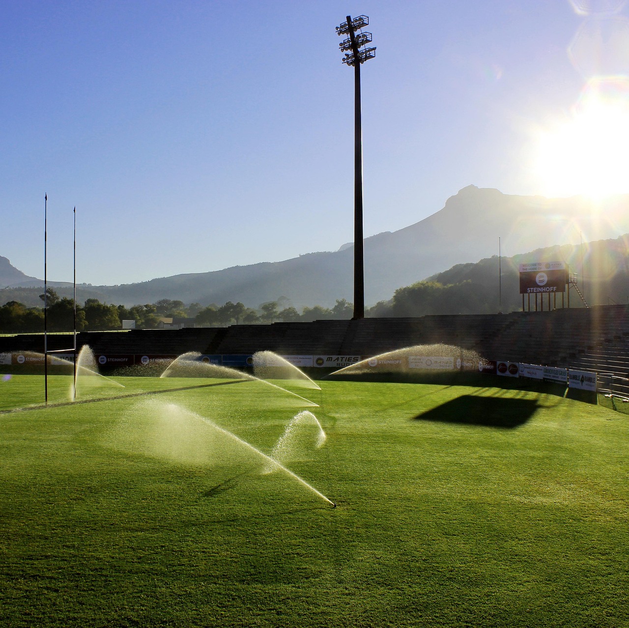field, sprinklers, nature, photography, water, irrigation, stadium, rugby, sky, outdoor